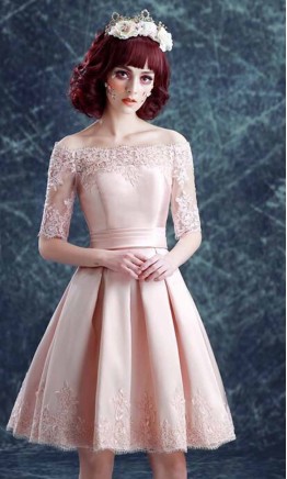 Floral Lace Off The Shoulder Short Prom Dress with Half Sleeves