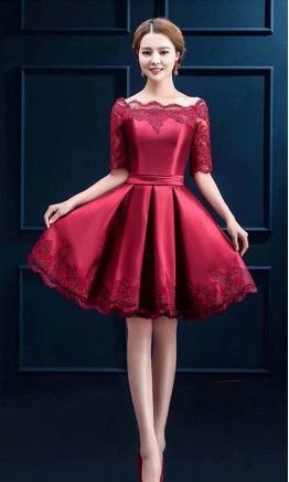 Floral Lace Off The Shoulder Short Prom Dress with Half Sleeves