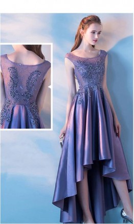 Applique Lace High Low Purple Prom Dresses Scoop Neck KSP481
