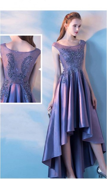 Applique Lace High Low Purple Prom Dresses Scoop Neck KSP481