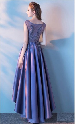 Applique Lace High Low Purple Prom Dresses Scoop Neck KSP481