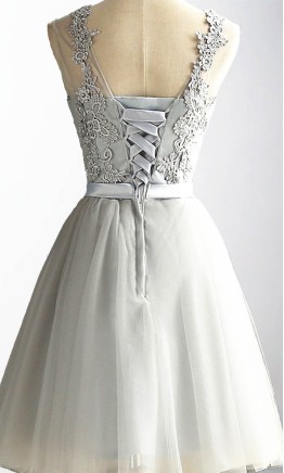Grey Short Applique Lace Prom Dress KSP488