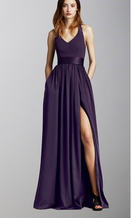 V-neck Halter Slit Bridesmaid Dresses with Pocket KSP489