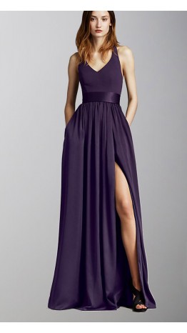 V-neck Halter Slit Bridesmaid Dresses with Pocket KSP489