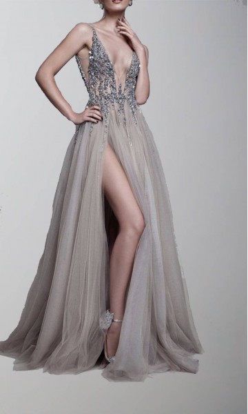 Sexy Sparkly Plunging V-neck Formal Prom Dresses Slit