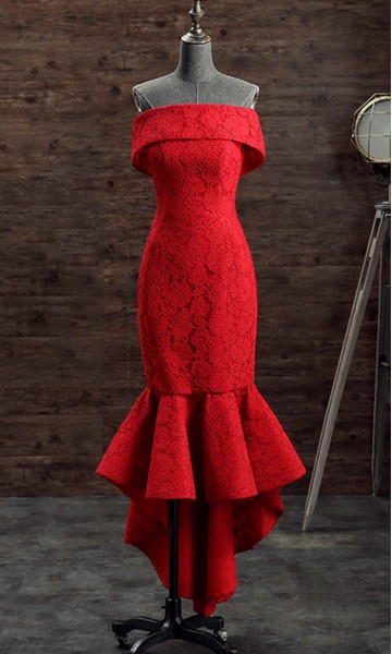 Off Shoulder Red Lace Short Mermaid Prom Dresses