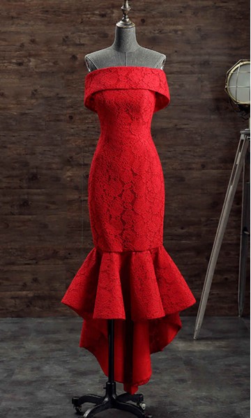  Off Shoulder Red Lace Short Mermaid Prom Dresses KSP492