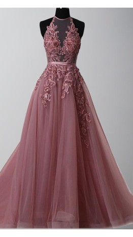 Halter Neck Illusion Embellished Long Prom Dress with Open Back KSP493
