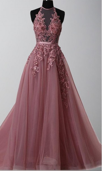 Halter Embellishment Illusion Long Prom Gowns