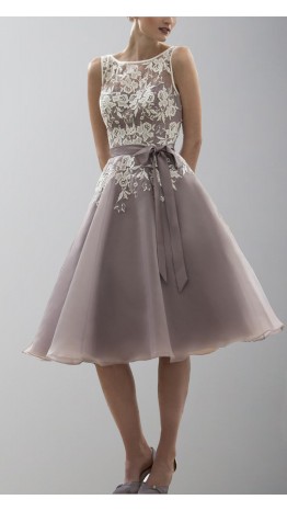 Tea Length Floral Lace Organza Bridesmaid Dresses Bowknot KSP494