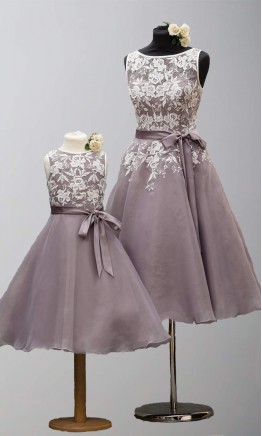 Tea Length Floral Lace Organza Bridesmaid Dresses Bowknot KSP494