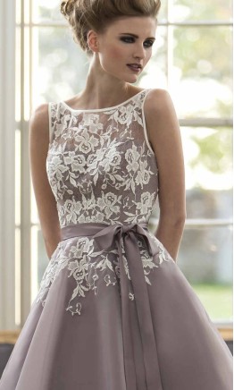 Tea-length lavender organza bridesmaid dress with floral lace and waist bowknot KSP494