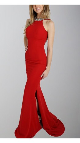Red Sheath Embellished Backless Slit Prom Dresses KSP495