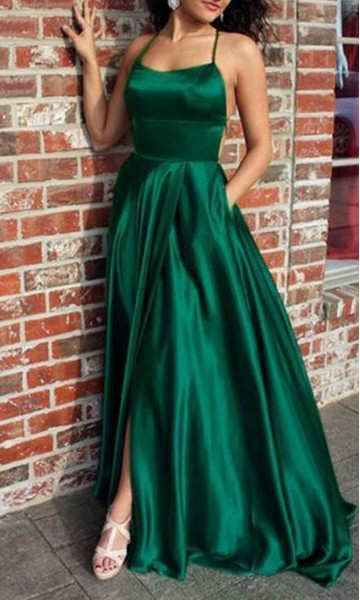 Green Strappy Long Prom Dresses Slit with Pocket