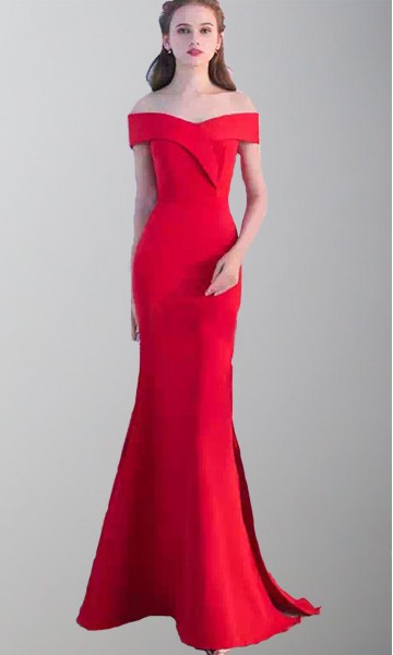 Slash Binding Collar Red Prom Dresses with Side Slit Long