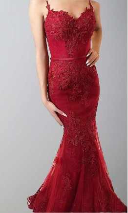 Red Lace Prom Dresses Mermaid with Spaghetti Straps