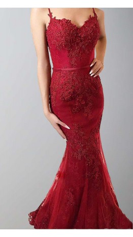 Red Straps Lace Prom Dresses Mermaid with Buttons KSP502