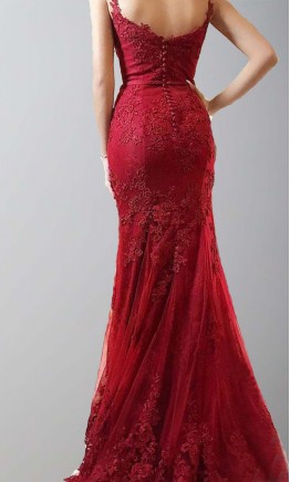 Red Lace Prom Dresses Mermaid with Spaghetti Straps