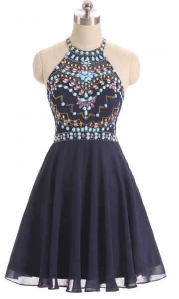 Embellished Short Navy Blue Prom Dresses Ethinic