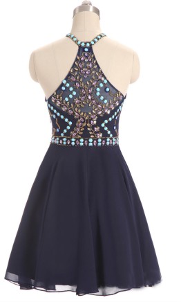 Dark blue beaded bodice and sweetheart neckline on short prom dress KSP503