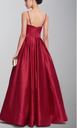 Elegant long prom gown with a deep plunge V-neckline and delicate spaghetti straps KSP504