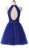 Short Beaded Halter Royal Blue Short Prom Dresses Keyhole Back