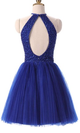 Short Beaded Halter Royal Blue Short Prom Dresses Keyhole Back