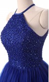 Short Beaded Halter Royal Blue Short Prom Dresses Keyhole Back