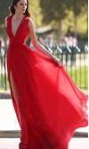 Flowy Long Red Plunge V-neck Slit Prom Dresses UK KSP506