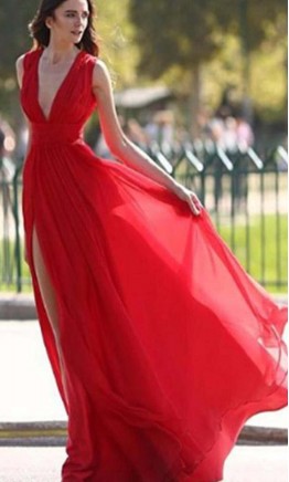 Flowy Long Red Plunge V-neck Slit Prom Dresses