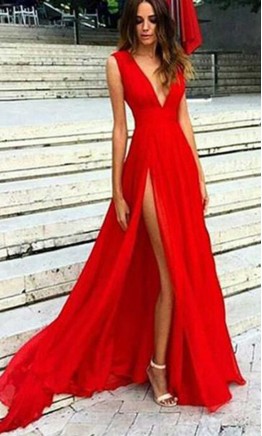 Flowy Long Red Plunge V-neck Slit Prom Dresses