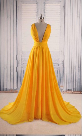 Yellow Prom Dresses Plunge Neck and Cross Straps Back