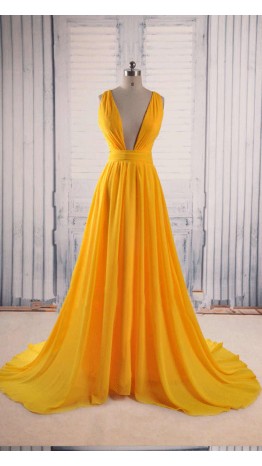 Yellow Prom Dresses Plunge Neck and Cross Straps Back KSP507