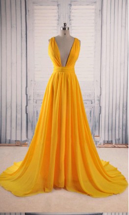 Yellow Prom Dresses Plunge Neck and Cross Straps Back KSP507
