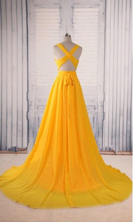 Yellow Prom Dresses Plunge Neck and Cross Straps Back