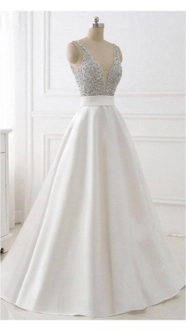White Prom Dresses Long with Sequin Plunge V neck KSP510