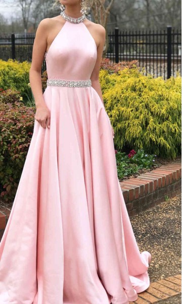 halter backless baby pink puff prom dress