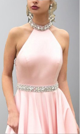 Long light pink satin puffy ball gown with embellished halter neck and pleated skirt KSP511