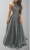 Grey Halter Beaded Girls Prom Dresses Long Y Shape Back KSP513