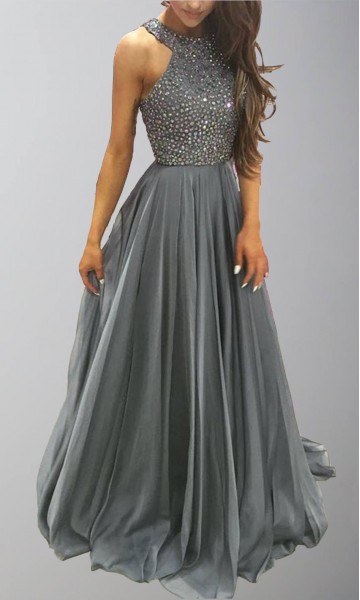 Grey Halter Beaded Girls Prom Dresses Long Y Shape Back 