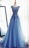 Flowers Embellished Sheer Lace Prom Gowns Lace Up Back KSP514
