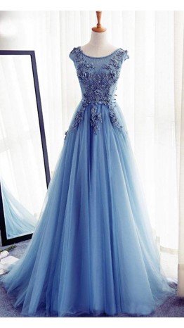 Flowers Embellished Sheer Lace Prom Gowns Lace Up Back KSP514