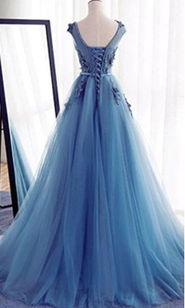 Dusty Blue 3D Floral Applique Tulle Prom Dress with Lace-up Back KSP514