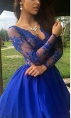 Prom Dresses Long Sleeve Blue Lace Knee Length KSP516