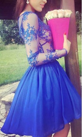 Short Long Sleeves Blue Lace Prom Dresses
