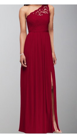 Lace Mesh One Shoulder Long Bridesmaid Dresses KSP519