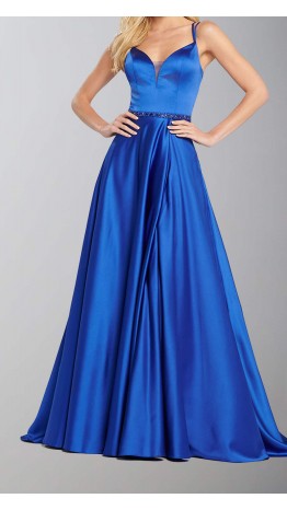 Long Blue Satin Prom Dresses Slit with Structed Waistband KSP521