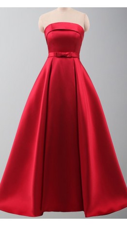 Strapless Long Red Satin Princess Prom Gowns Lace Up Back KSP522