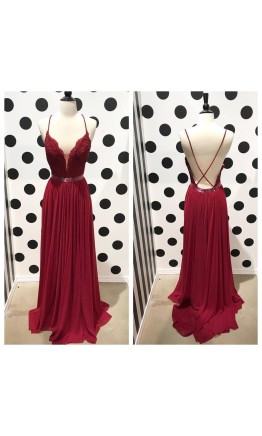 Long burgundy chiffon prom dress with plunging V-neck and flowy A-line skirt KSP523