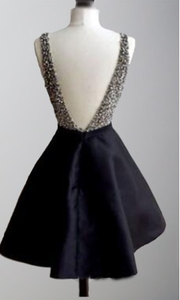 Chic short black prom dress with plunging V-neck and puffy A-line skirt KSP525